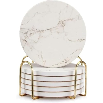 Stylish White Marble Coasters with Holder - 6 Pcs Set