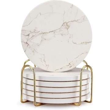 Stylish White Marble Coasters with Holder - 6 Pcs Set