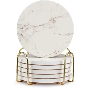 Stylish White Marble Coasters with Holder - 6 Pcs Set
