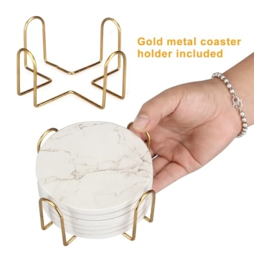 Stylish White Marble Coasters with Holder - 6 Pcs Set