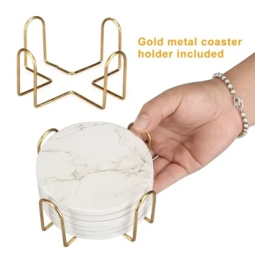 Stylish White Marble Coasters with Holder - 6 Pcs Set