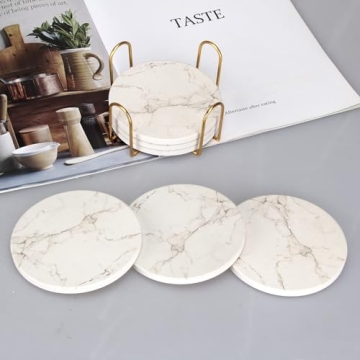 Stylish White Marble Coasters with Holder - 6 Pcs Set