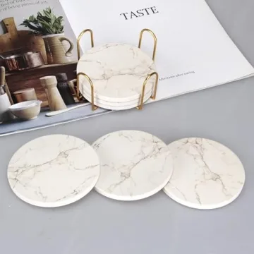 Stylish White Marble Coasters with Holder - 6 Pcs Set