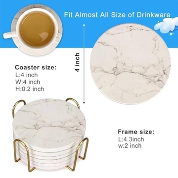 Stylish White Marble Coasters with Holder - 6 Pcs Set