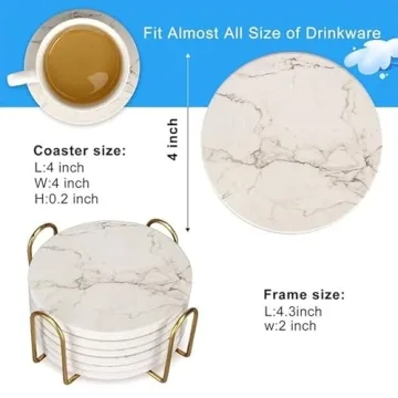 Stylish White Marble Coasters with Holder - 6 Pcs Set