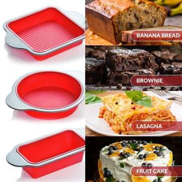 Boxiki Kitchen Silicone Baking Pans Set. 3 PCS Professional Silicone Non-Stick Baking Cake Pans Set includes Silicone Round Cake Pan, Square Cake Pan and Bread Loaf Pan.
