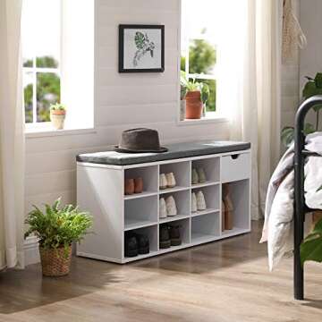 VASAGLE Storage Bench, Entryway Bench with Cushion, Drawer and Open Compartments, Bench with Storage, for Living Room, Bedroom, Closet, White and Gray ULHS24WT
