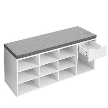 VASAGLE Storage Bench, Entryway Bench with Cushion, Drawer and Open Compartments, Bench with Storage, for Living Room, Bedroom, Closet, White and Gray ULHS24WT