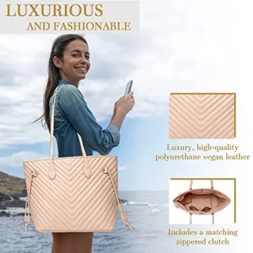 Daisy Rose Quilted Tote Shoulder Bag with Clutch - Beige