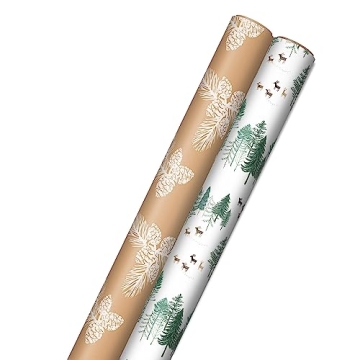 Hallmark Christmas Wrapping Paper Rolls - Green Trees, White Pine Cones on Recyclable Brown Kraft Gi...