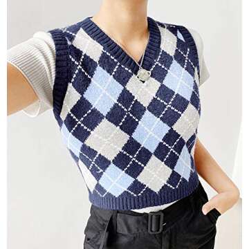 Chic Argyle Plaid Cropped Sweater Vest - Stylish Tank Top for Women Blue Small