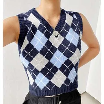 Stylish Argyle Plaid Crop Sweater Vest for Women