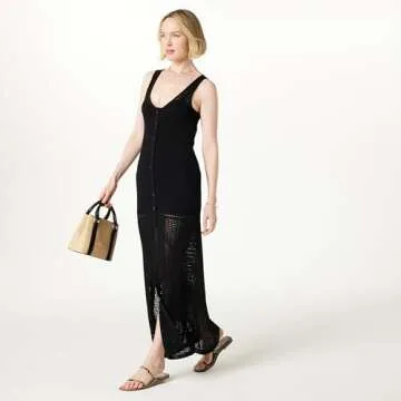 The Drop Women’s Button Front Mixed Pattern Crochet Maxi Dress, Black, 2X, Plus Size