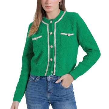 URBAN REVIVO Women's Knit Cardigan Sweaters Casual Long Sleeve Open Front Button Down Cropped Jackets Green Small