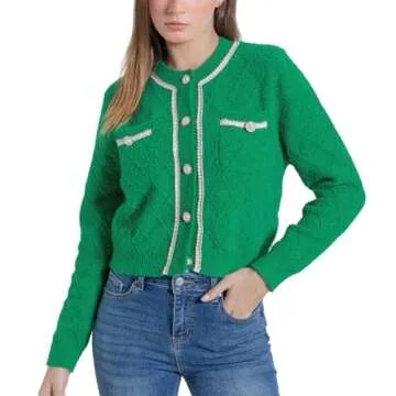 URBAN REVIVO Women's Knit Cardigan Sweaters Casual Long Sleeve Open Front Button Down Cropped Jackets Green Small