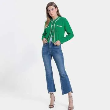 URBAN REVIVO Women's Knit Cardigan Sweaters Casual Long Sleeve Open Front Button Down Cropped Jackets Green Small