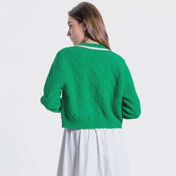 URBAN REVIVO Women's Knit Cardigan Sweaters Casual Long Sleeve Open Front Button Down Cropped Jackets Green Small