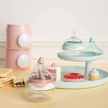 POTATO Glass Baby Bottles for Newborn Babies, Anti Colic Breastfeeding Bottle with Wide Neck, Slow F...