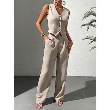 WDIRARA Women's 2 Piece Outfits Button Front Waistcoat Sleeveless V Neck Vest Jacket and Pants Apricot L