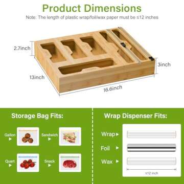 KOCWELL Bamboo Bag Storage Organizer - 2 Wrap Dispenser with Cutter & 4 Slots Food Storage Bags Container - Kitchen Drawer Plastic Bags Storage Organization for Gallon Quart Sandwich Snack Bags