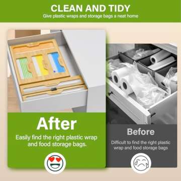 KOCWELL Bamboo Bag Storage Organizer - 2 Wrap Dispenser with Cutter & 4 Slots Food Storage Bags Container - Kitchen Drawer Plastic Bags Storage Organization for Gallon Quart Sandwich Snack Bags