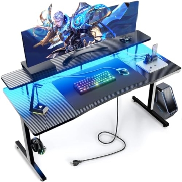 GTRACING 55 Inch Gaming Desk - Ergonomic Carbon Fiber Surface with Power Outlet and RGB Lighting