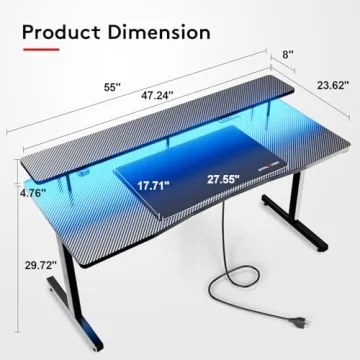 GTRACING 55 Inch Gaming Desk with RGB Lighting and Power Outlets