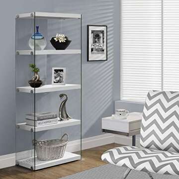 Monarch Specialties I Bookcase-5-Shelf Etagere Bookcase Contemporary Look with Tempered Glass Frame ...