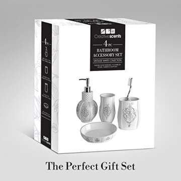 Creative Scents Vintage White Bathroom Accessories Set - 4 Piece Bathroom Set - Farmhouse French Country Bathroom Accessory Set Features: Soap Dispenser, Toothbrush Holder, Tumbler & Soap Dish