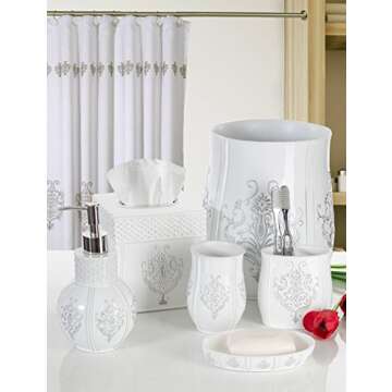 Creative Scents Vintage White Bathroom Accessories Set - 4 Piece Bathroom Set - Farmhouse French Country Bathroom Accessory Set Features: Soap Dispenser, Toothbrush Holder, Tumbler & Soap Dish