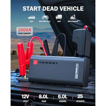 GOOLOO Jump Starter Battery Pack 2000A Peak SuperSafe Car Starter (Up to 8.0L Gas or 6.0L Diesel Engine) with USB Quick Charge and LED Light,12V Lithium Jump Box Booster Portable Charger,Gray