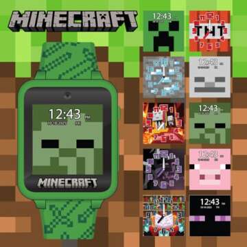 Accutime Microsoft Minecraft Green Educational Learning Touchscreen Smart Watch Toy for Boys, Girls, Toddlers - Selfie Cam, Learning Games, Alarm, Calculator, Step Tracker & more! (Model: MIN4045AZ)
