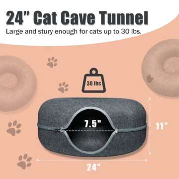 Yvnicll Large Cat Tunnel Toys Beds 24" for Indoor Cats, Round Cat Tunnel Donut Bed Cave for Large Cats Up to 30 Lbs (Dark Gray, 24x24x11)