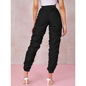 WDIRARA Women's Drawstring Waist Ruched Jogger Sweatpants Windbreaker Pants Black M