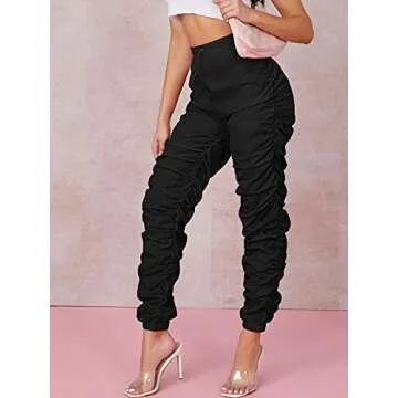 WDIRARA Women's Drawstring Waist Ruched Jogger Sweatpants Windbreaker Pants Black M