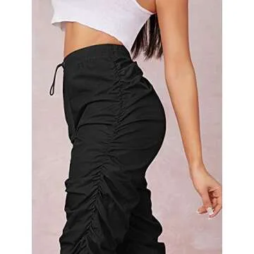 WDIRARA Women's Drawstring Waist Ruched Jogger Sweatpants Windbreaker Pants Black M