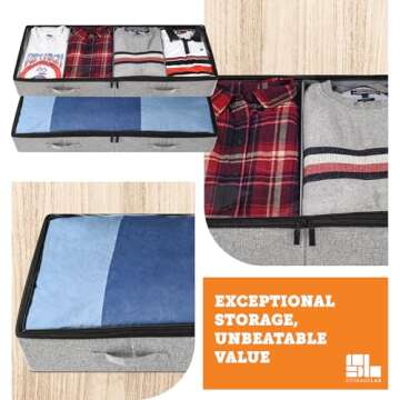 storageLAB Under Bed Storage Containers, Closet Organizers with Sturdy Handles for Clothes, Comforters, and Accessories, Use Under or at the End of the Bed - 2 Pack, Grey