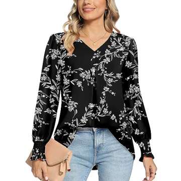 Anyally Women's Plus Size Dressy Chiffon Blouses V Neck Puff Sleeve Tunic Tops for Leggings Elegant T-Shirts with Smocked Cuffs, 2XL Black White Flower