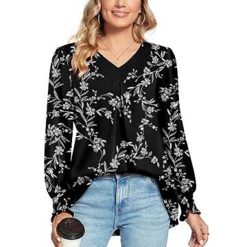 Anyally Women's Plus Size Dressy Chiffon Blouses V Neck Puff Sleeve Tunic Tops for Leggings Elegant T-Shirts with Smocked Cuffs, 2XL Black White Flower