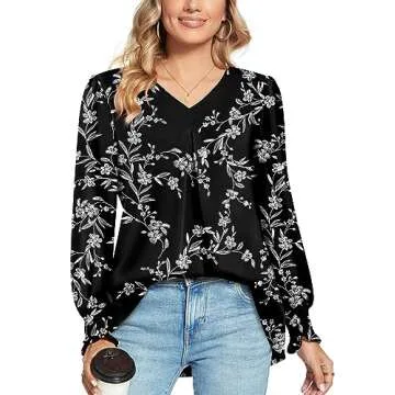 Anyally Women's Plus Size Dressy Chiffon Blouses V Neck Puff Sleeve Tunic Tops for Leggings Elegant T-Shirts with Smocked Cuffs, 2XL Black White Flower