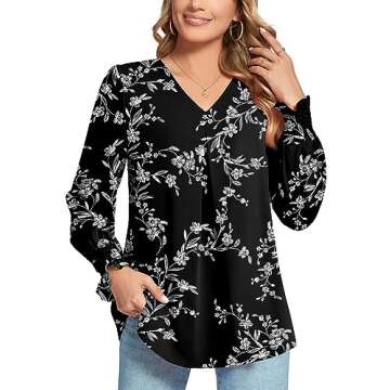 Anyally Women's Plus Size Dressy Chiffon Blouses V Neck Puff Sleeve Tunic Tops for Leggings Elegant T-Shirts with Smocked Cuffs, 2XL Black White Flower