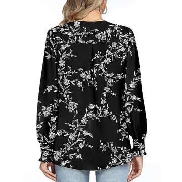 Anyally Women's Plus Size Dressy Chiffon Blouses V Neck Puff Sleeve Tunic Tops for Leggings Elegant T-Shirts with Smocked Cuffs, 2XL Black White Flower