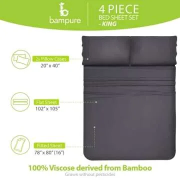 BAMPURE Luxury Series King Sheet Set - 100% Viscose derived from Bamboo Sheets King Size - Super Soft Viscose Bamboo Cooling Sheets for Hot Sleepers -Up to 16’’ Deep Pocket King Sheet Set (C.Gray)