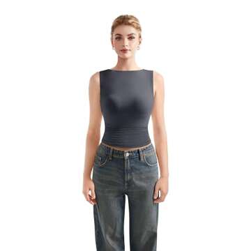 SUUKSESS Women Double Lined Sleeveless Going Out Basic Tank Tops Ruched Summer Casual T Shirts (Ash, X-Small)