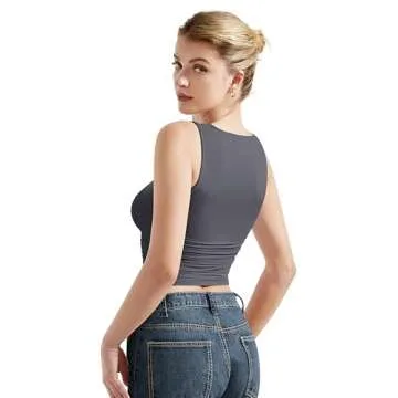 SUUKSESS Women Double Lined Sleeveless Going Out Basic Tank Tops Ruched Summer Casual T Shirts (Ash, X-Small)