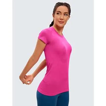 CRZ YOGA Seamless Workout Shirts for Women Short Sleeve Sports Tees Quick Dry Breathable Gym Athletic Tops Hibiscus Purple Small