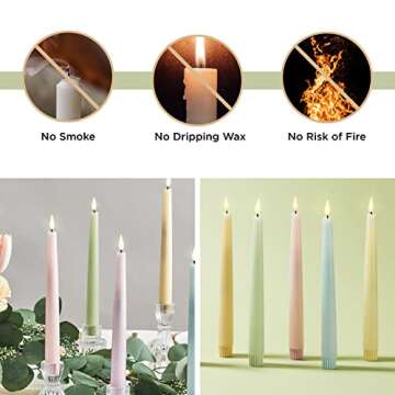 LampLust Flameless Taper Candles, 9 Inch, 6 Pack, Multicolored Pastel Candlesticks with LED Flickering Flame, Real Wax, Batteries & Remote Included, Flameless Candles, Spring Home & Wedding Decor