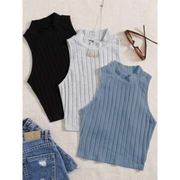 Milumia Women 3 Pack Mock Neck Knit Crop Tank Top Sleeveless Slim Fitted Shirts Black Grey Blue Medium