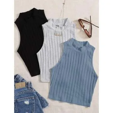 Milumia Women 3 Pack Mock Neck Knit Crop Tank Top Sleeveless Slim Fitted Shirts Black Grey Blue Medium