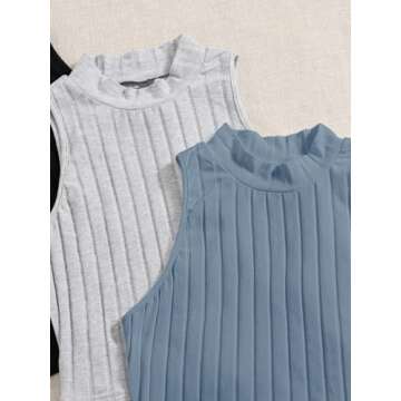 Milumia Women 3 Pack Mock Neck Knit Crop Tank Top Sleeveless Slim Fitted Shirts Black Grey Blue Medium